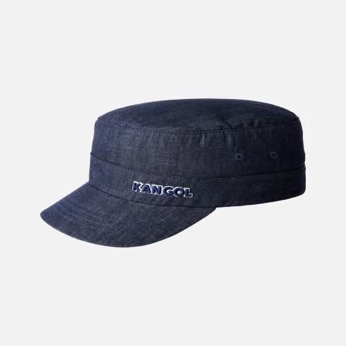 Front view of Kangol Hat Denim FlexFit Army Cap with structured design