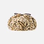 Front view of Kangol Hat Leopard Trapper with leopard print faux fur design