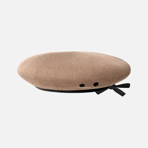 Front view of Kangol Hat Monty Tropic Oat Beret in breathable oat knit fabric