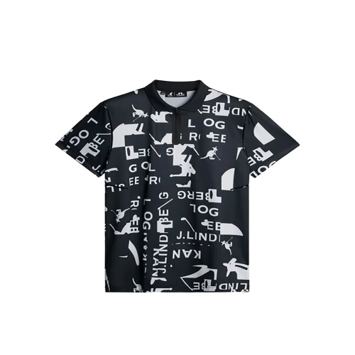 Front view of Kangol x J.Lindeberg Miro Print Polo Black Shirt with abstract print and black base design