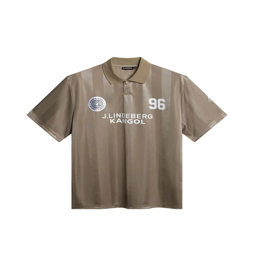 Front view of Kangol x J.Lindeberg Paul Football Vintage Khaki Jersey showing embroidered logo and khaki tone