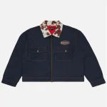 Front view of Kangol x NGO Work Dark Raw Denim Jacket