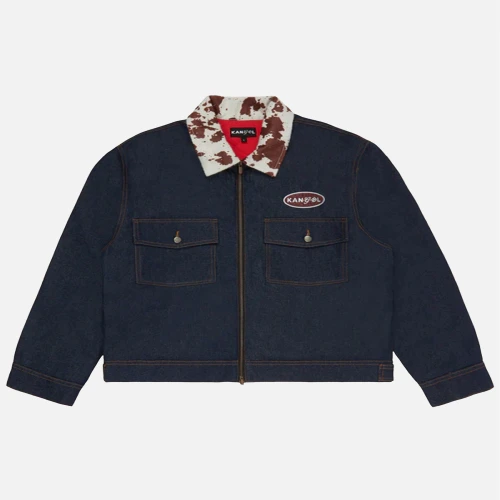 Front view of Kangol x NGO Work Dark Raw Denim Jacket