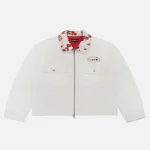 Front view of Kangol x NGO Work White Denim Jacket in premium white denim